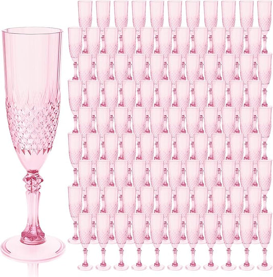Plastic Champagne Flutes, Champagne Glasses Bulk, Reusable Unbreakable Acrylic Wine Glasses Goblets for Weddings Bachelor Parties Toasting Bridal Shower Mother's Day (100, Pink)
