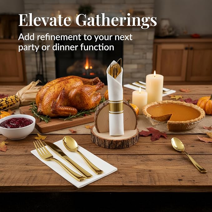 Prestee 200 Piece Gold Plastic Silverware Set for 50 Guests - Premium Pre Rolled Cutlery Set with Napkins - Elegant Disposable Silverware with Forks, Knives, and Spoons for Weddings and Thanksgiving