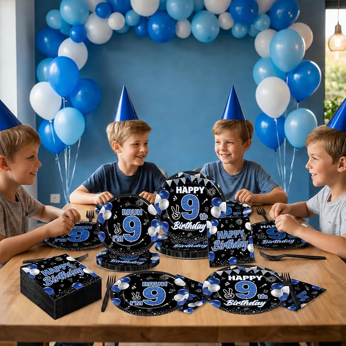 96PCS 9th Birthday Party Supplies Blue and Black 9th Birthday Plates and Napkins Black Blue Bruh I’m 9 Tableware Dinnerware Video Game Theme Decorations for Boys Party Favors Serves 24