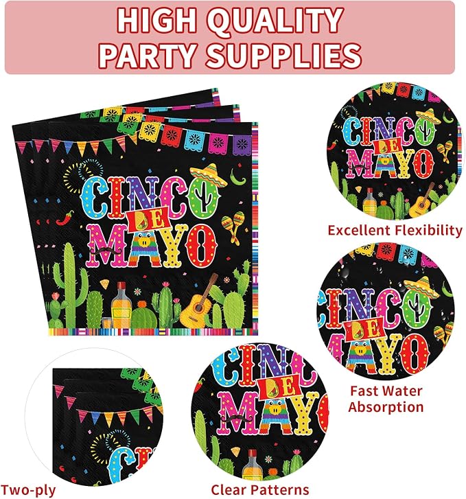 250Pcs Cinco De Mayo Decorations Mexican Fiesta Plates and Napkins Black Mexico Taco Fiesta Decorations Favors for Mexican Cinco De Mayo Festive Party Supplies Serves 50
