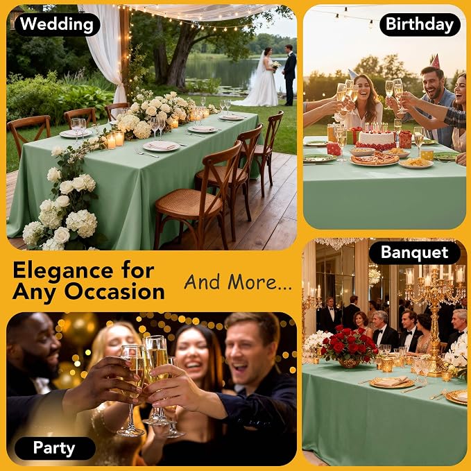 6-Pack Sage Green Tablecloths for Rectangle Tables, 90 x 132 Inches, Stain-Resistant Polyester Fabric for 8 Foot Tables - Washable Table Covers for Weddings, Birthday Parties, Events