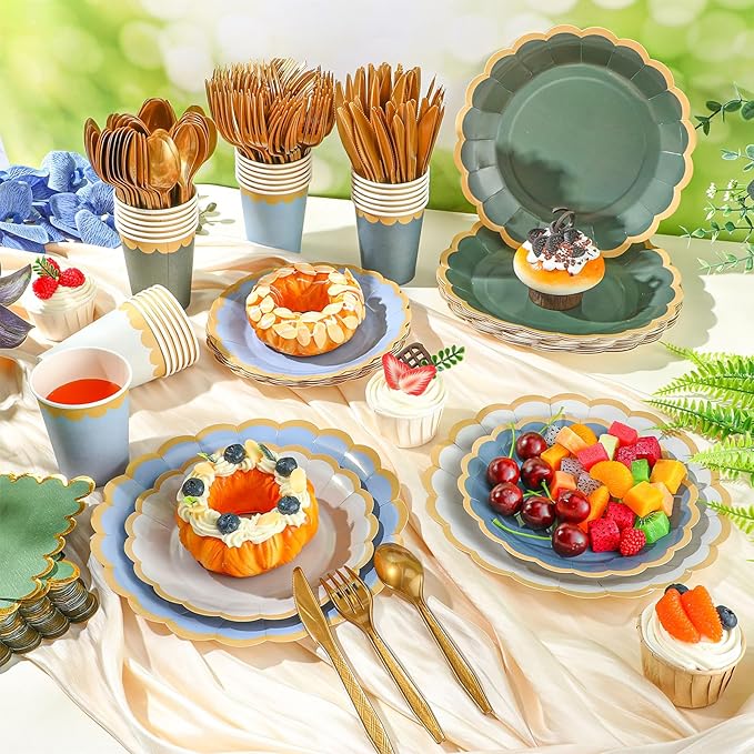 Mimorou 169 Pcs Blue and Sage Green Plates and Napkins Party Supplies for Guests Dusty Blue Tableware Include Scalloped Plates Paper Napkin Cup Spoon Fork Knife for Baby Shower, Wedding, Birthday