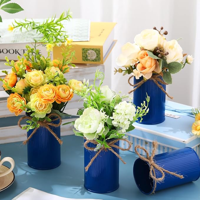 Rustic Vase for Table Centerpieces 4.33 Inch Small Petite Flower Vase with Twine Bow Vintage Farmhouse Decor for Wedding Reception Dining, Home Galvanized Metal Buckets(Dark Blue,12 Pcs)