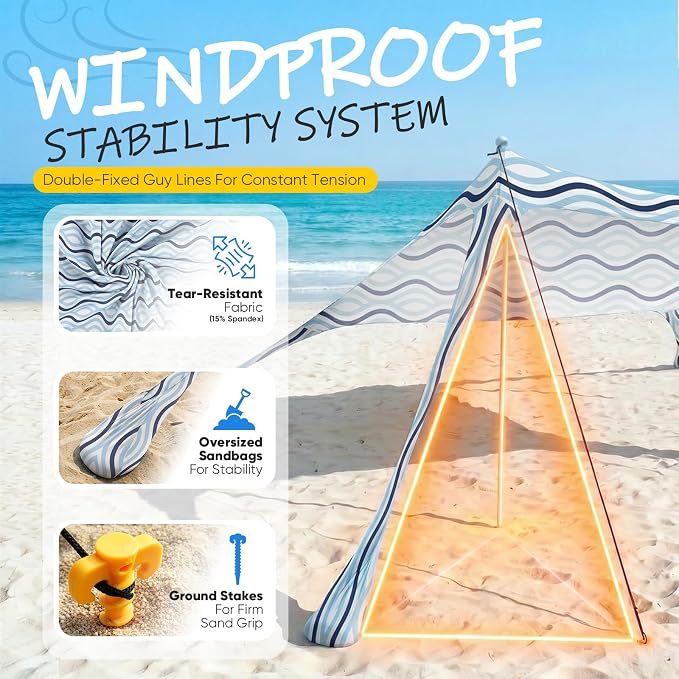 Sekey Aluminum Beach Shade Sun Shelter UPF 50+ - 6.5x6.5 FT Portable Beach Canopy with Windproof Rope & Stability Poles, Easy Setup Outdoor Tent for Camping, Backyard, Fishing, Picnics