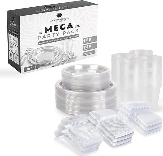 Grandipity 720 Piece Clear Disposable Dinnerware Set, Plastic Dinnerware Set Includes 120 Count 9' Dinner Plates, 7' Dessert Plates, 12oz Cups, Forks, Knives & Spoons