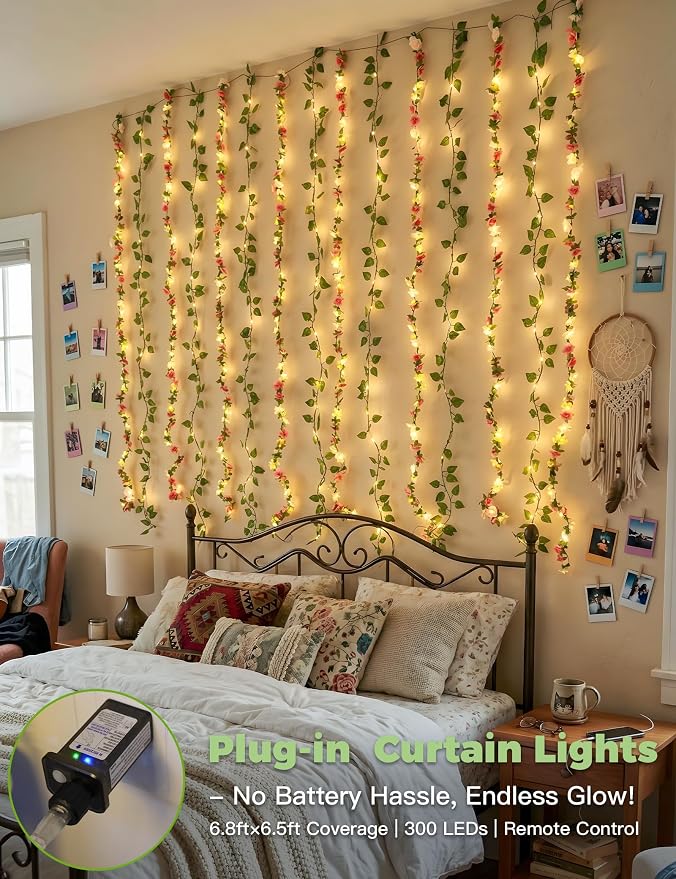 suddus 300 LED Artificial Flower Garland Pothos Vines Curtain Lights, Rose Vines Fairy Lights for Bedroom, Hanging String Lights for Wall, Room, Dorm, Wedding, Party, Indoor Decor 6.8ft x 6.5ft
