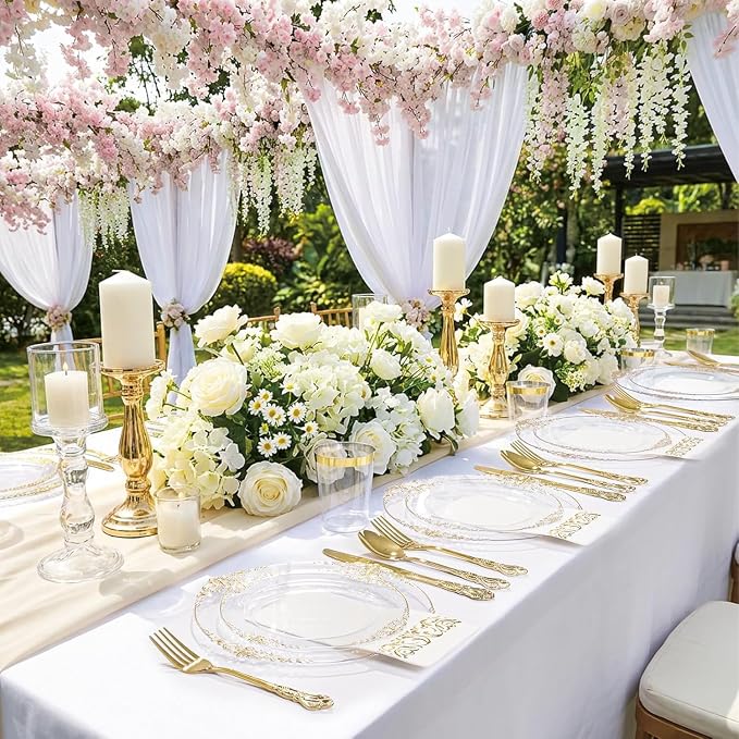102PCS Clear Gold Plastic Plates - Clear Disposable Plates with Gold Rim - Elegant Party Plate Include 51PCS Dessert Plates, 51PCS Dinner Plate for Weddings & Parties