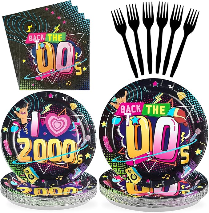 96Pcs 2000s Party Decorations Y2K Early 2000s Theme Plates and Napkins Hip Hop Back to the 00s Disposable Paper Tableware Set for Adult Teens Retro 00s Birthday Party Supplies Serves 24