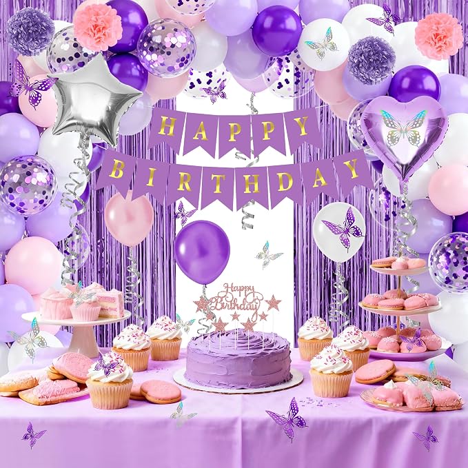 Purple birthday party decorations balloons kit for Women Girls, Balloons,Silver Foil Balloons,Fringe Curtains Happy Birthday Banner Paper Pompoms 3D Butterfly Cake Topper Party Supplies