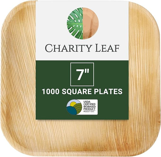 Charity Leaf Disposable Palm Leaf 7" Square Plates (1000 pieces) Bamboo Like Serving Platters, Disposable Boards, Eco-Friendly Dinnerware For Weddings, Catering, Event