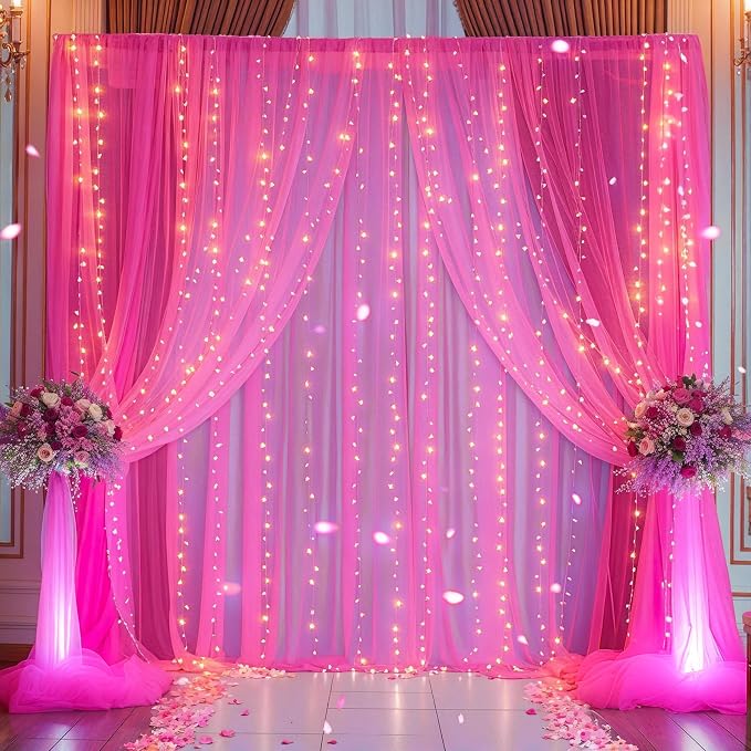 10x10ft Hot Pink Tulle Backdrop Curtain with Lights String for Parites, Sheer Backdrop Curtains for Wedding Baby Shower Birthday Party Photo Shoot Decorations