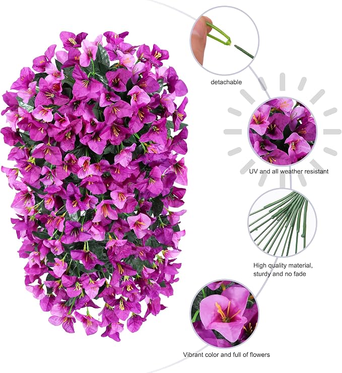 Faux Bougainvillea Artificial Flowers Plants for Outdoors Outside Decoration, 2pcs Realistic Fake Flowers UV Resistant Silk Long Trailing Vines for Front Door Planter Patio Balcony Yard Garden, Mix