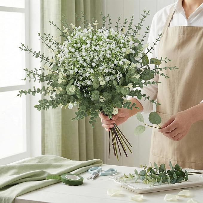 lovemoon Mixed Greenery Artificial Eucalyptus Stems, Baby Breath Artificial Flowers Bulk and Eucalyptus Leaves for Wedding Bouquets Home Office Floral Decor (200, Green and White)
