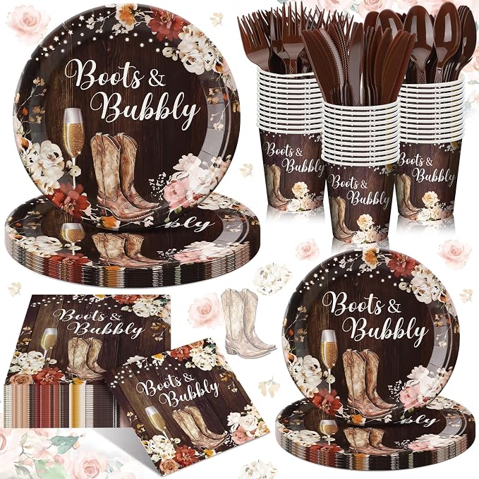 168 Pcs Boots and Bubbly Bridal Shower Decorations Rustic Brown Plates Western Country Bridal Shower Decorations Golden Champagne Party Favors Boots and Bubbly Tableware Set Serve 24