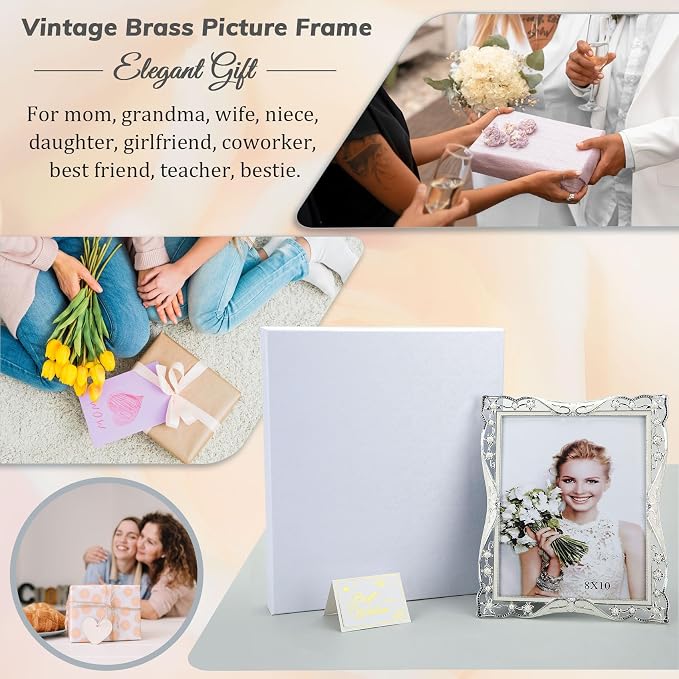 8x10 Vintage Metal White Picture Frame Pearl Antique Ornate Gold Photo Frame Wedding Decoration, Clear Glass Front, Unique Tabletop or Wall Display, Gifts for Mom Women, Horizontally & Vertically