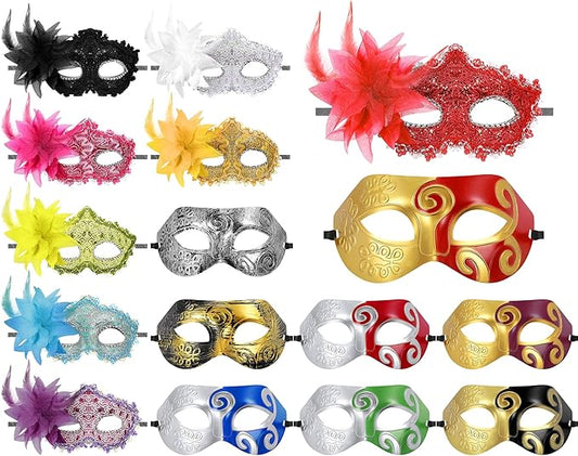Sratte Mardi Gras Couple Masquerade Mask with Feather Flower Unisex Half Face Venetian Mask for Carnival Parade Valentine