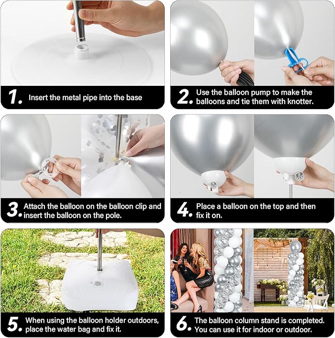 2 Sets Silver and White Balloon Column Stand Kit with 100 Balloons Silver Balloon Tower Stand with Bases for Floor Confetti Balloons Column Kit for Wedding Graduation Birthday Disco Prom Party Decor
