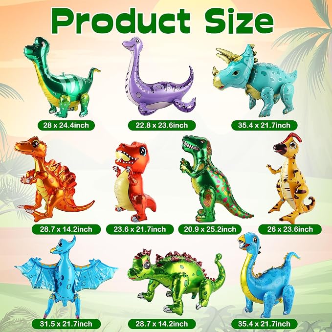 Foilswirl 10 Pcs Giant 3D Dinosaur Balloons (20‑35") Dino Aluminum Foil Self Standing Dino Balloons Dinosaur Inflatable Birthday Decorations for Jungle Theme Party(Multicolored)