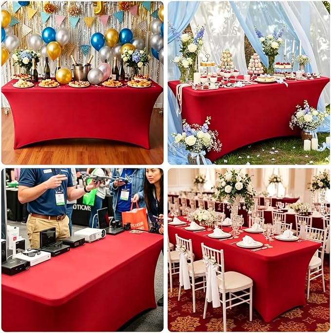 Red Spandex Tablecloth 6 Pack, 8FT Fitted Stretch Table Cloth with Reinforced Foot Pockets for 96 x 30 x 30 Inch Rectangle Tables, Washable Table Covers for Trade Shows, Weddings, Parties