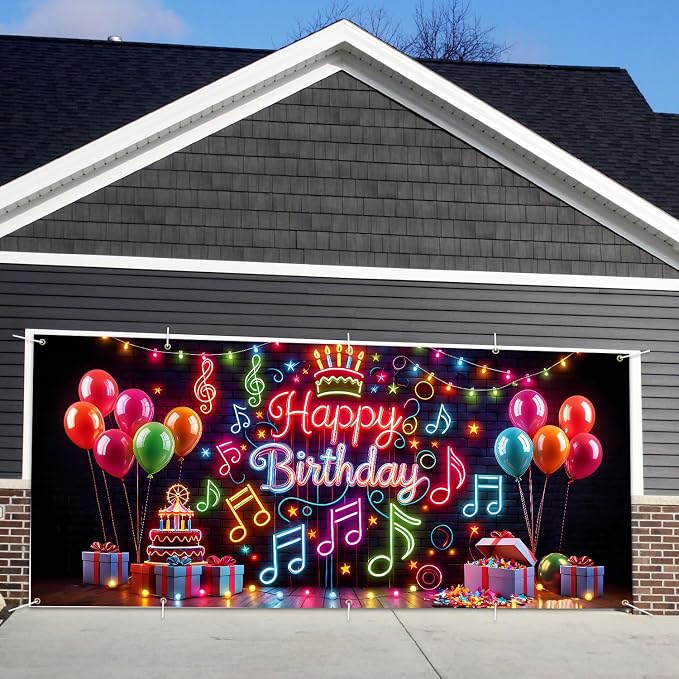 Neon Birthday Garage Door Banner 7x16ft Glow in Dark - Colorful Music Notes & Balloon Backdrop,Glow Party Decor for Adults,Photo Booth Background