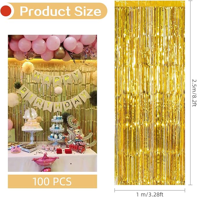 100 Pack Gold Foil Fringe Backdrop Curtains 3.2ft x 8.2ft Gold Tinsel Foil Fringe Curtains for Birthday Party Decorations Photo Booth Backdrop for Halloween Christmas New Year Holiday Decorations