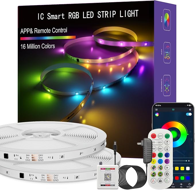 IC Smart RGB LED Strip Lights, 100FT LED Lights for Bedroom, App Control/Remote Control, Music Sync, DIY Design, Rainbow Chasing Effects, Strip Lights for Home, Party Decor