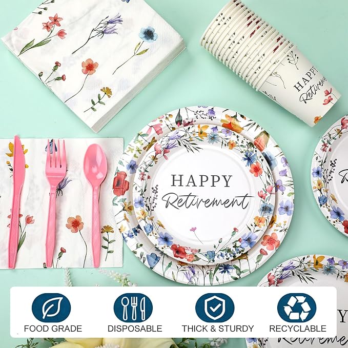 Yungyan 252 Pcs Wildflowers Retirement Party Tableware Set Included Plates Napkins Cups Forks Knives Cutlery for Party Decorations Supplies 36 Guests