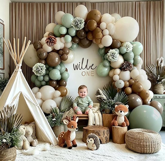 Dusty Green Nude Balloon Arch Double Stuffed Sage Green Brown Beige White Sand Balloon Garland Kit Tissue Paper Pom for Neutral Baby Shower Birthday Woodland Wedding Wild One Party Decor