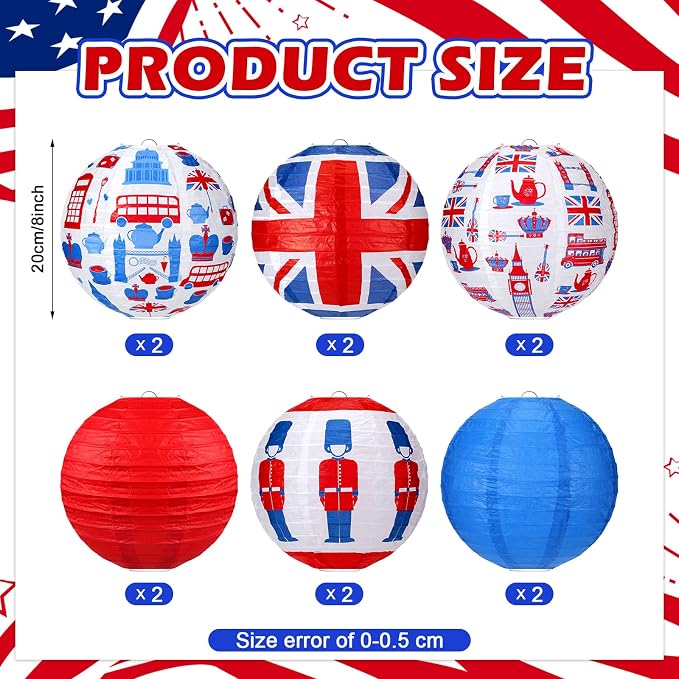 Panelee 12 Pcs British Party Decoration Britain UK England Flag Theme Hanging Paper Lanterns with London Double Decker Bus Telephone Booth Lanterns Decorative for Hanging Coronation Party Decor