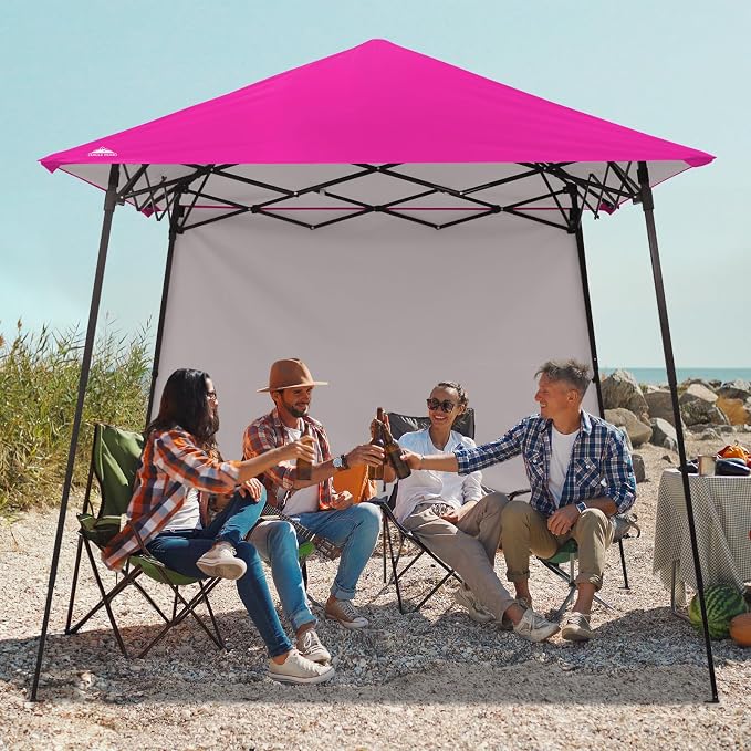 EAGLE PEAK 8x8 Pop Up Canopy Tent with Extended Eaves & Sidewall, Compact, Portable, Easy Setup Slant Leg Instant Shelter for Beach, Sports, & Camping, 8x8 Base 7x7 Top, Pink