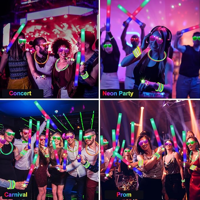 OLUPP 150 PCS Glow in the Dark Party Supplies, 16 Foam Sticks, 16 LED Glasses, 100 Glow Sticks and 18 Finger Lights for Neon Party, Wedding, Birthday, Concert, New Year, Carnivals, Raves