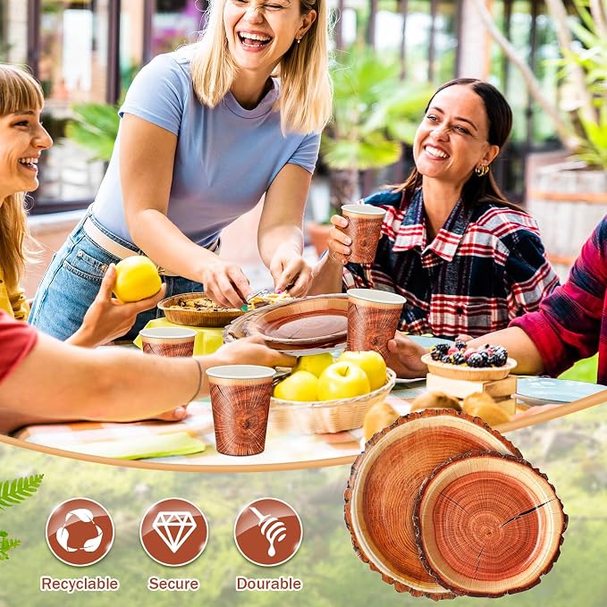 FillTouch 350 Pcs Wood Grain Fall Paper Plates Hunting Camping Party Supplies Rustic Autumn Disposable Napkins Cups Cutlery Knives Fork Spoons for 50 Guests Autumn Harvest Thanksgiving Birthday
