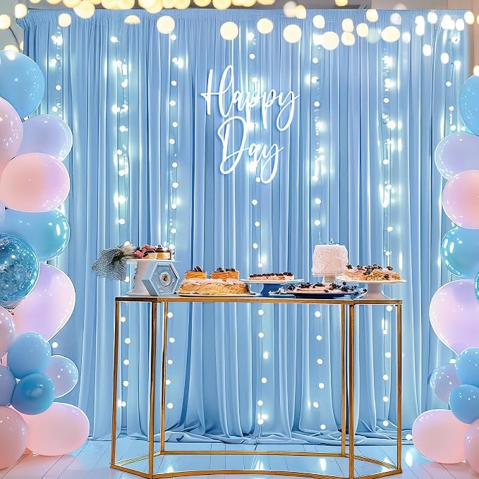 Blue Backdrop Curtains with Lights for Parties,10x10FT Wrinkle Free Polyester Wedding Photo Backdrop Curtains for Baby Shower Birthday Ceremony Reception Home Party Decorations-5ft x 10ft,2 Panels