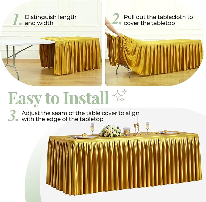 Gold Satin Tablecloths Rectangle 8FT, Glitter Spandex Fitted Stretch Table Covers Wrinkle-Free Floor Length Shimmer Table Skirt for Weddings Parties Baby Shower Banquets Vendor Events