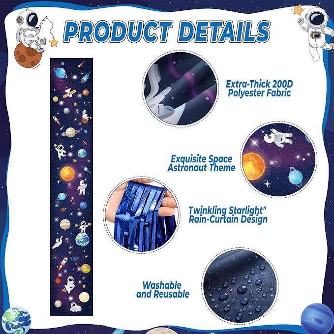 Irenare 5 Pcs Space Ceiling Decorations Planet Galaxy Party Decoration Set Astronaut Star Hanging Banner Dark Blue Tinsel Foil Fringe Curtain with Sparkling Stars for Space Astronaut Birthday Party