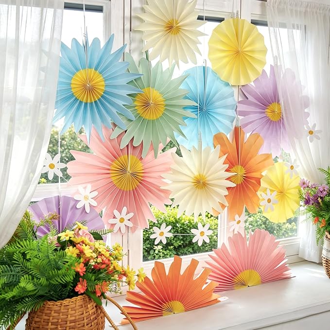 SUNBEAUTY14PCS Pastel Paper Fans Party Decoration Paper Flowers Decorations for Wall Hanging Paper Flowers Floral Backdrop Flower Garland for Birthday Baby Shower Spring Decor Classroom Decorations