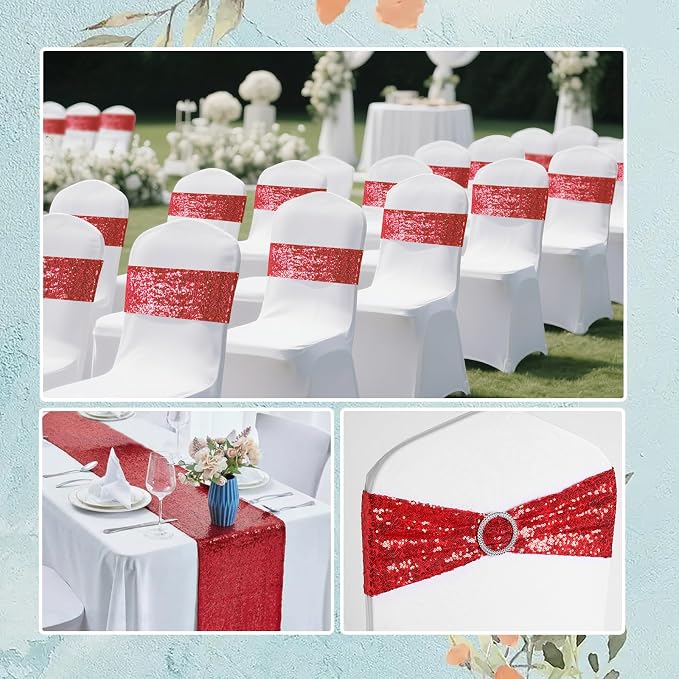 54 Pieces of Red Sequin Chair Ribbons and Table Runners, 48 Sequin Chair Bows, 6 Glitter Table Runners, Suitable for Wedding Parties Birthday Meeting Events Decorations (Red)