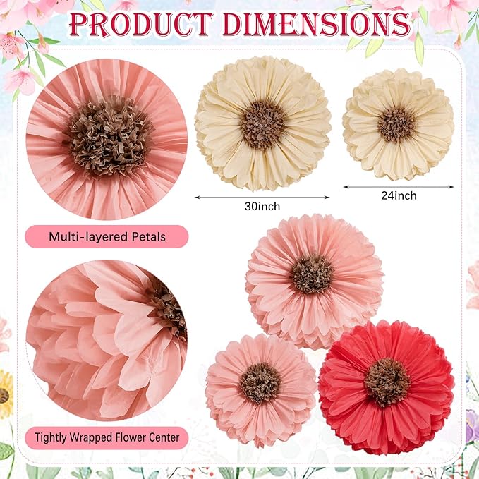 Chunful 5 Pcs 30'' 24'' Giant Fairy Tissue Paper Flowers Decoration Large Hanging Tissue Paper Pom Poms Decor for Fairy Garden Birthday Bachelorette Wedding Baby Shower Bridal Shower Party Decoration