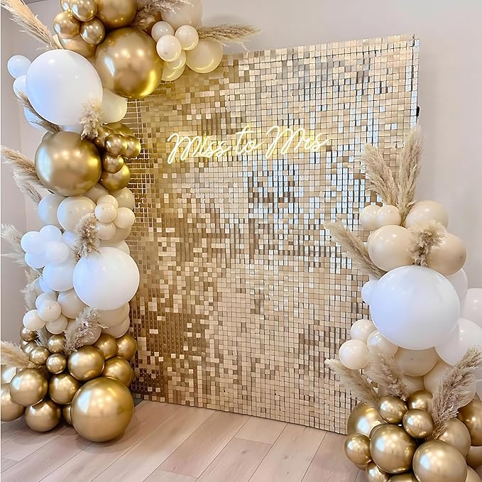 Light Gold Shimmer Wall Backdrop 24 Panels Cover 6 x 4 Ft, Photo Backdrops for Wedding,Anniversary,Birthday,Party Decoration