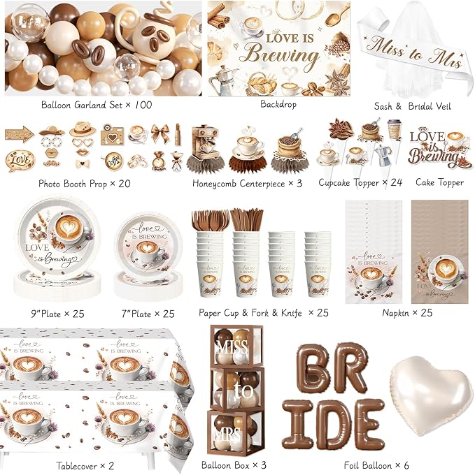316 pcs Love Is Brewing Bridal Shower Decorations, All-in-One Bridal Shower Decor Set for 25 Guests with Balloon Arch, Bridal Veil, Tablecloth, Backdrop, Cake Topper, Thick Plates and Photo Props