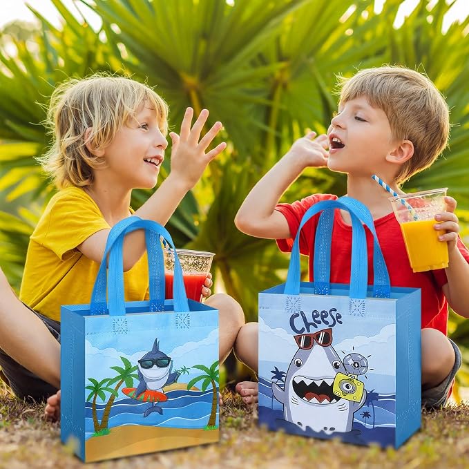 Sweetude 40 Pcs Shark Gift Party Favor Bags with Handle, Non Woven Goodie Bags Birthday Favor for Birthday Baby Shower Packaging Supplies