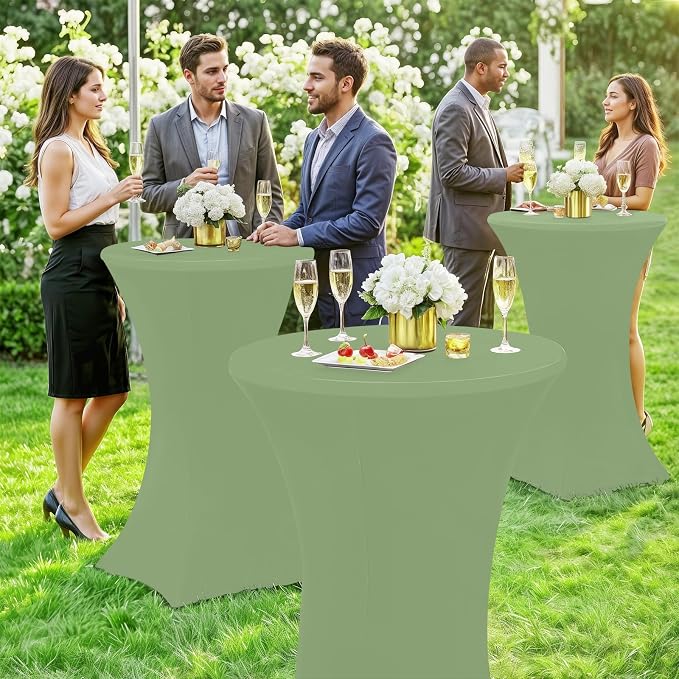 Moosfor Spandex Cocktail Table Covers 4 Pack, Elastic Fitted Stretch Table Cloth, Round High Top Tablecloths for Bar, Party, Pub, Wedding & Banquet (Sage Green, 32x43 Inch)