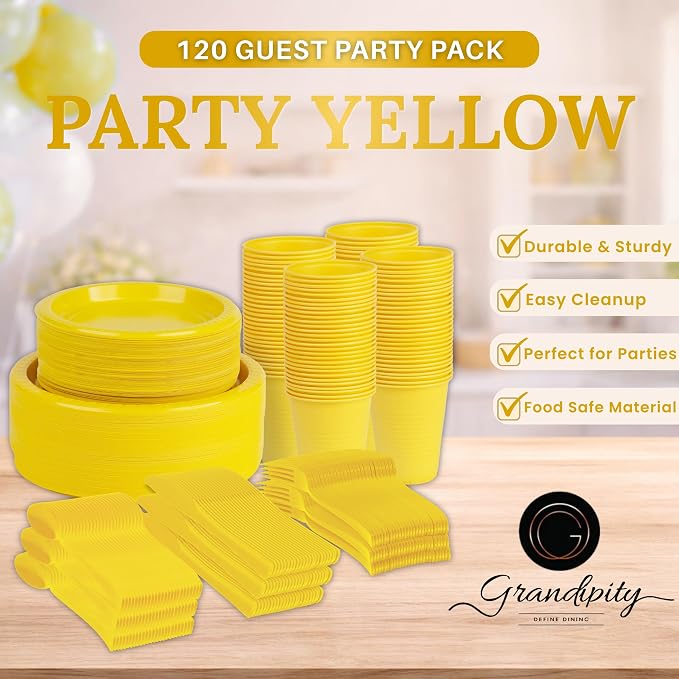 Grandipity 720 Piece Yellow Disposable Dinnerware Set, Plastic Dinnerware Set Includes 120 Count 9' Dinner Plates, 7' Dessert Plates, 12oz Cups, Forks, Knives & Spoons