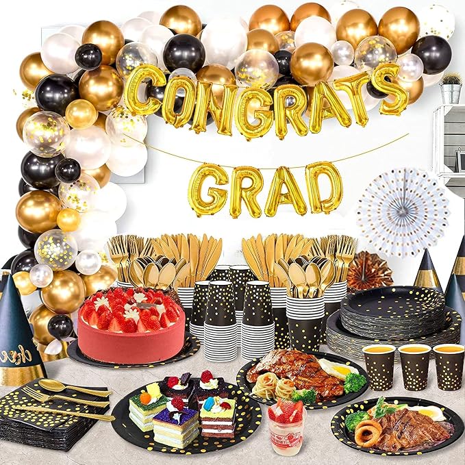 AIRE Black Gold Paper Plates Set, 175PCS Disposable Tableware for 25 | Thick food-grade paper,ideal for elegant weddings birthday graduations,leakproof heavy-duty,eco-friendly party supplies