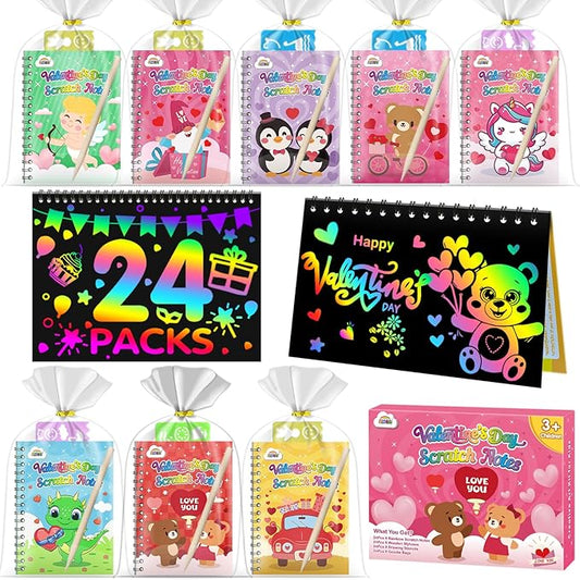 ZMLM Valentines Day Gifts Kids Classroom: 24 Pack Scratch Rainbow Art Notebook Paper, Birthday Party Favors For Kids 4-8, Bulk Goodie Bags Stuffers, Student Prizes From Teacher, Kindergarten Toy