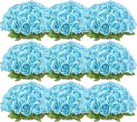 Jexine 100 Pieces Artificial Roses Flowers Bulk, Long Stem Realistic Fake Silk Roses Bouquet for Table Centerpiece Vases Wedding Party Kitchen Decor(Light Blue)