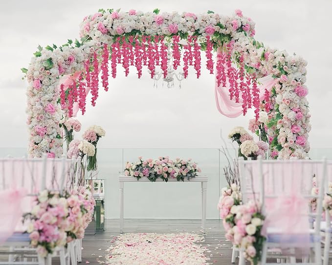 12PCS Artificial Wisteria Hanging Flowers 3.6ft Rose Red Fake Hanging Flowers Garland Silk Flowers Rattan String Faux Wisteria Vine for Garden Home Wedding Arch Decor (Rose Red)