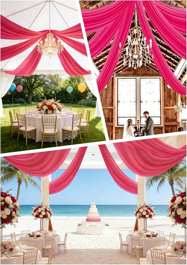 DUOBAO Ceiling Fabric Drapes for Weddings 5x30 Sheer Voile Chiffon Fabric Draping Hot Pink Chiffon Curtains, 6 Pieces Tulle Sheer Drapes for Party Backdrop Curtain and Special Events, 5x30feet