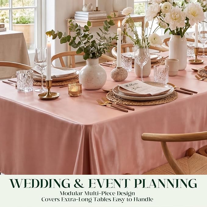 4 Pack Rose Gold Satin Tablecloth 58 x 102 Inches, Rectangular Satin Table Cloths for Wedding Reception, Birthday Party, Graduation & Holiday Banquet Tables