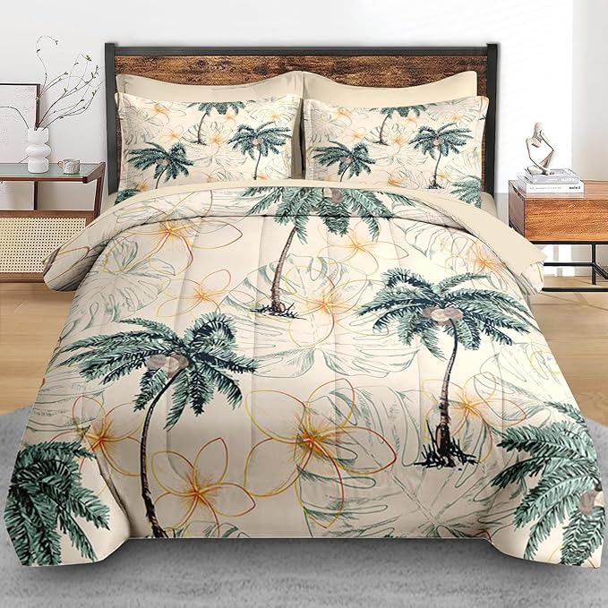 Pamnest Comforter Set King Size, Tropical Botanical Palm Summer 7 Pcs Bedding for Kids and Adults, Hawaiian Coconut Tree Bed Sheet Sets with Fitted Sheet 2 Pillowcase & 2 Sham for Bedroom Bed Decor